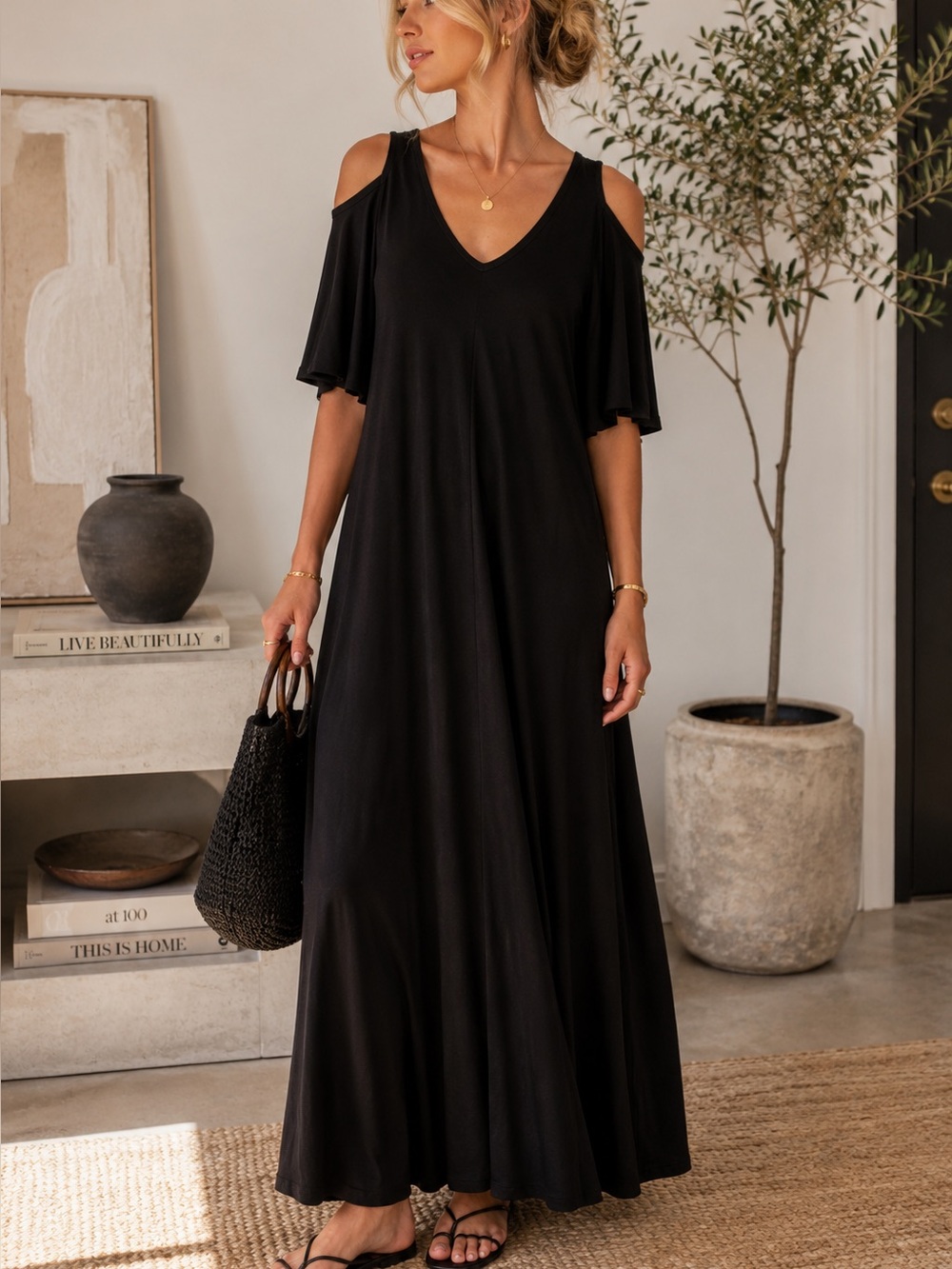 Karen Kane Black Jersey V Neck Maxi Dress 0X